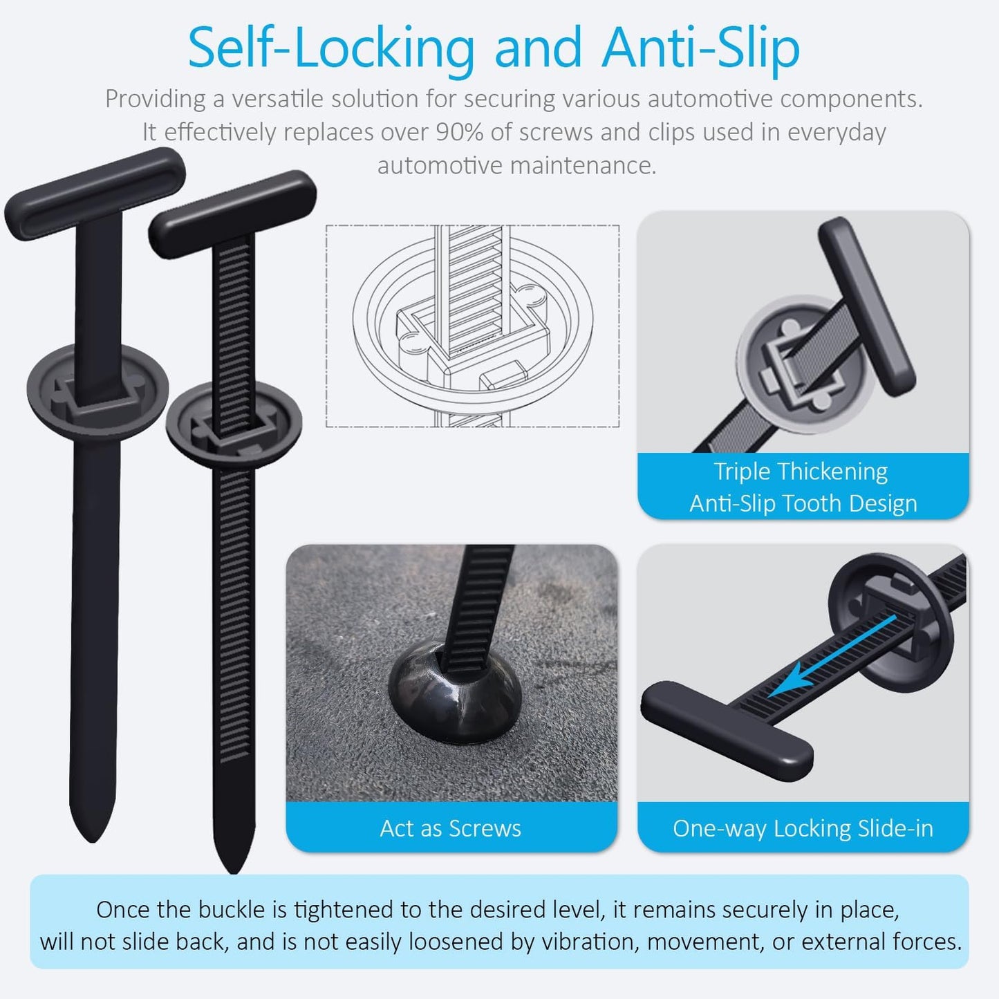 200PCS Nylon Universal Cable Tie Buckles, Multi-functional T Rivet Zip Ties - Automotive Zipper Clips with Pin & Button Design for Car Daily Repair, Fender Liner, Bumper Retainer, Door Panel Fastener