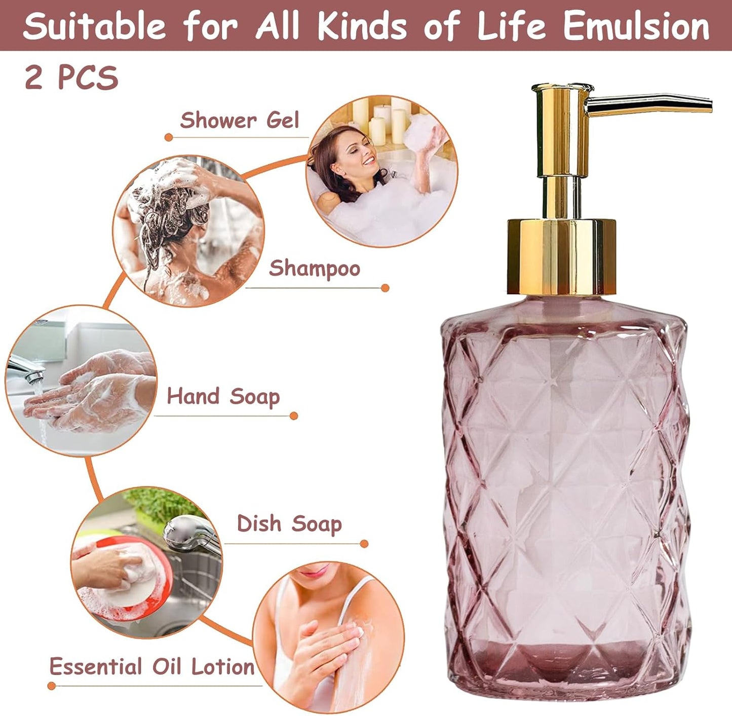 Glass Soap Dispenser with Gold Plastic Pump, 12oz Refillable Liquid Hand Soap Dispenser, 2 Pack Crystal Lotion Bottle for Modern Home Decor, Bathroom, Kitchen Countertop, Hotel