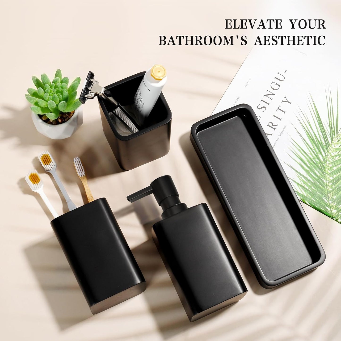 Bathroom Accessories Set, 4 Pcs Bathroom Accessory Set, Soap Dispenser, Toothbrush Holder, Qtip Holder Set, Bathroom Sets Complete, Bathroom Sink Set for Modern Home,Matte Black