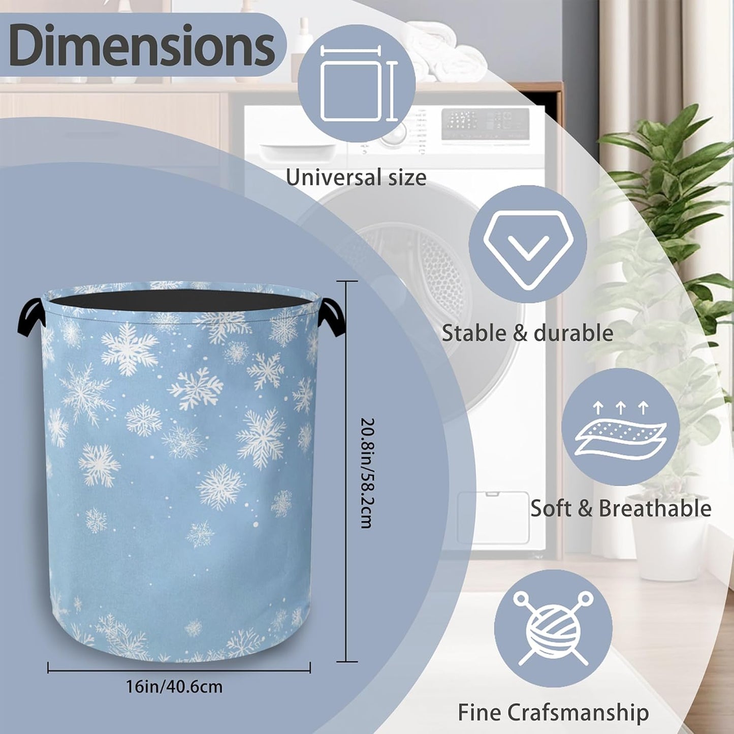 Snowflakes Christmas Laundry Basket,Oxford Cloth Laundry Hamper with Handle Foldable Portable Clothes Storage Basket for Bathroom Bedroom Dorm Room 16" x 20.8"
