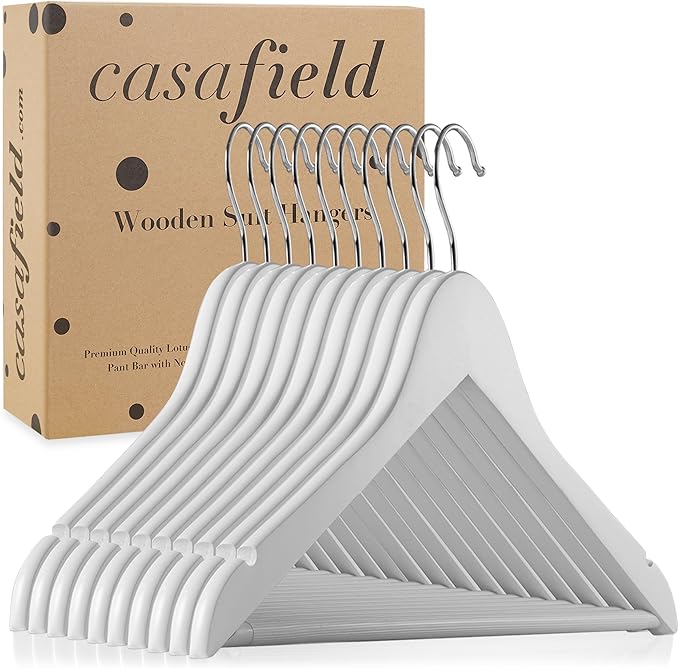 Casafield - 10 White Wooden Suit Hangers - Premium Lotus Wood with Notches & Chrome Swivel Hook for Dress Clothes, Coats, Jackets, Pants, Shirts, Skirts