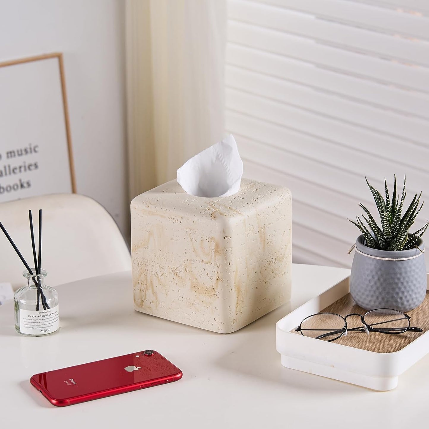 Natural Travertine Tissue Box Cover – Modern Resin Cube Holder for Bathroom, Bedroom, Office – Decorative Square Tissue Box for Countertop, Nightstand, Vanity & Desk – Heavy&Sturdy