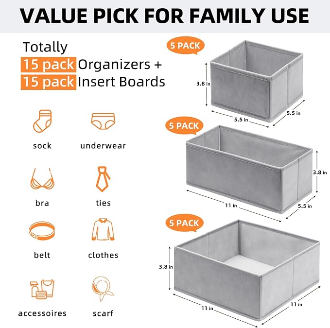 Criusia Drawer Organizers for Clothing 15 Pack, Foldable Fabric Closet Organizers and Storage Bins for Baby Clothes, Dresser Drawer Dividers for Adult Sock Underwear, Bra, Nursery Organization (Grey)