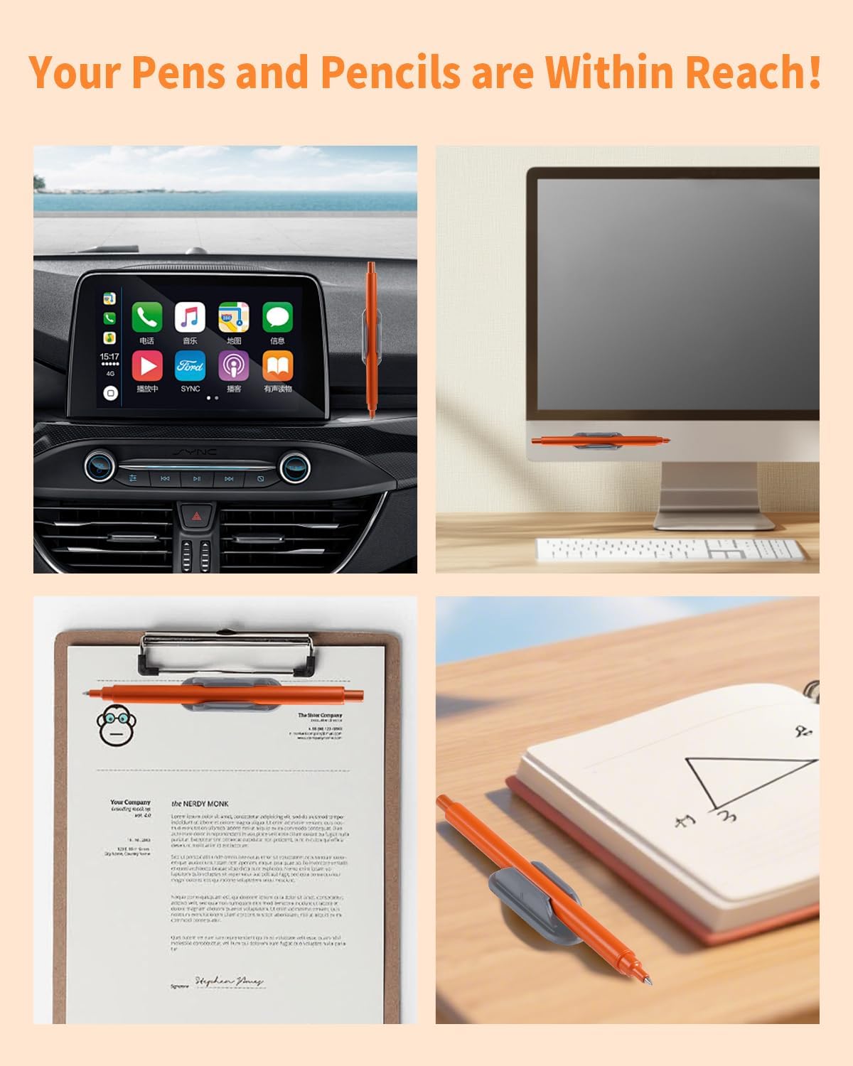 Adhesive Pencil Holders for Desk Set of 10 - Silicone Pen Holder with 15 PCS Adhesive Pads - Flexible Pencil Holder for Office Essentials Accessories and Teacher Supplies - Grey