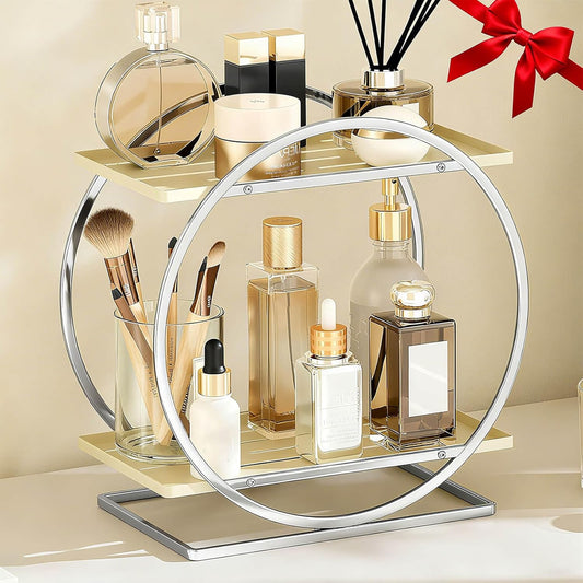 Perfume Organizer for Dresser, 2-Tier Bathroom Counter Organizer, Elegant Makeup Organizer for Vanity, Multi-Purpose Cosmetics Skincare Organizers Countertop (Silver Frame & Cream White Tray)