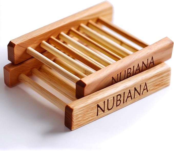 Nubiana Bamboo Soap Dish for Shower - Set of 2 Natural Wood Soap Holder with Drainage - Bar Soap Saver Tray for Bathroom Counter - Eco-Friendly Soap Dishes - 2 Pack