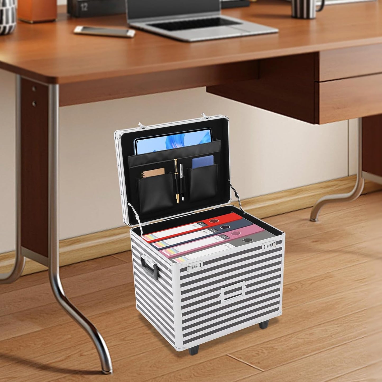 Mobile Business Case, Locking Mobile Storage File Box with Telescopic Handle, Rolling File Box Metal, 19.2 x 15 x 16 Inches, Portable Files Storage Organizer for Office Home School (Striped Pattern)