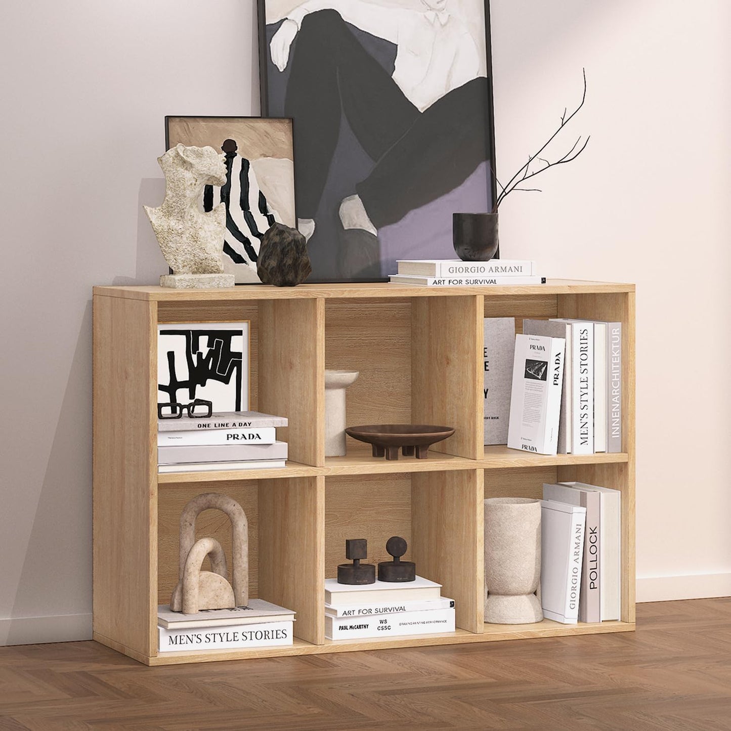 Wooden 6 Cube Storage Organizer with Closed Back Panel,Oak Cube Shelf Heavy Duty Cubby Storage Organizer with Compartments for Living,Display Shelf,Bookshelf