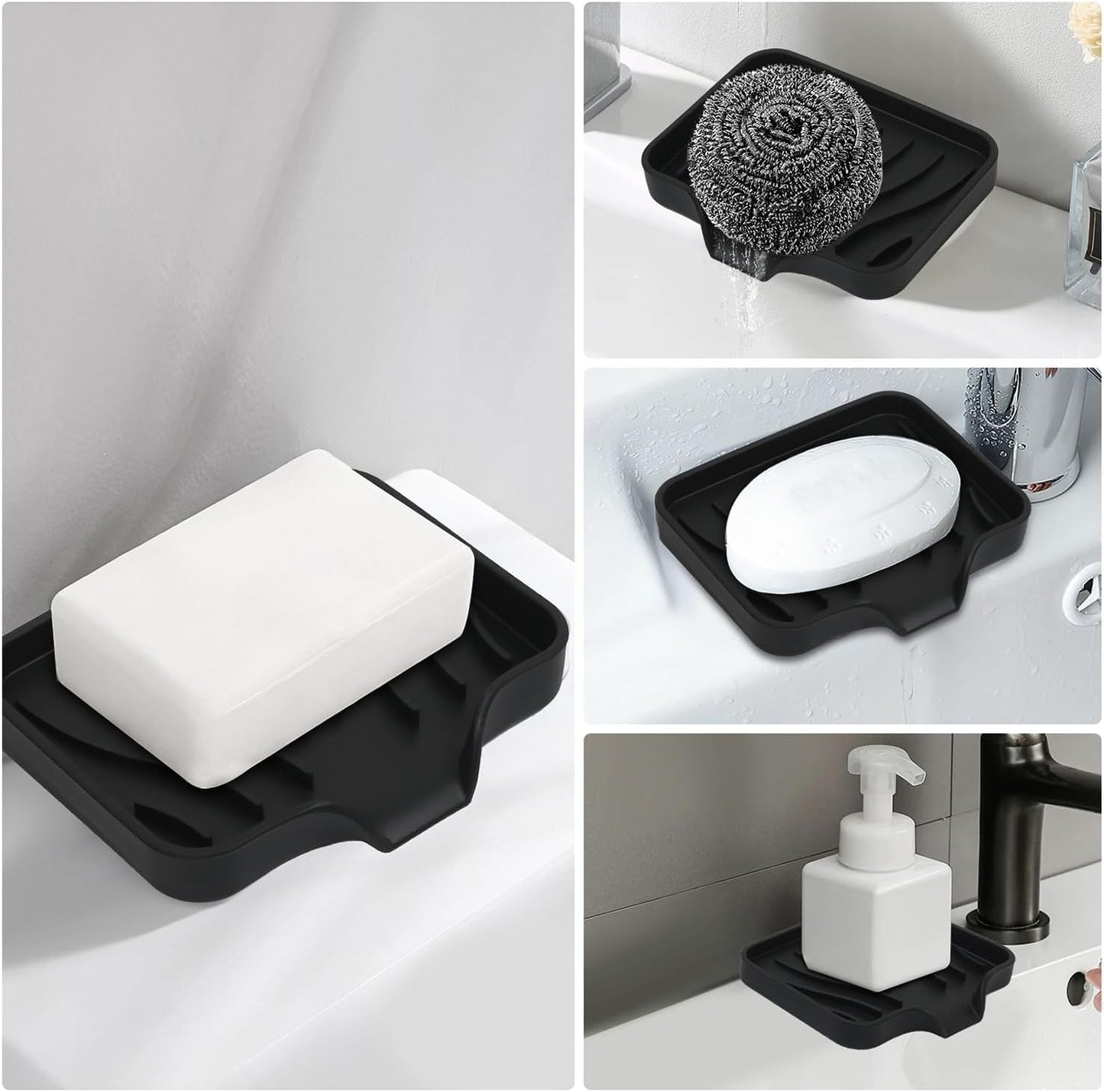 2 Pack Silicone Soap Dish with Drain, Bar Soap Holder for Shower,Bathroom and Kitchen Sink Organizer,Self Draining Waterfall Soap Tray (Black)
