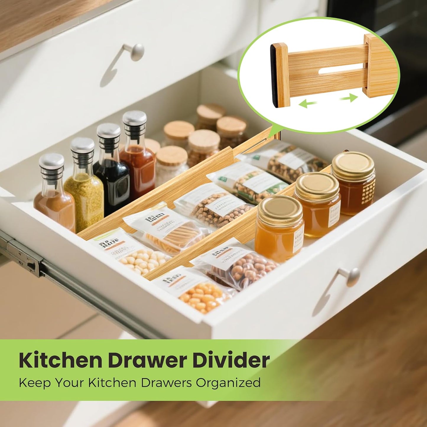 Drawer Divider, Adjustable Bamboo Kitchen Drawer Organizer, Spring Loaded Drawer Organizer, Dresser Separators for Kitchen, Bathroom, Clothes, Office Desk Storage (Natural, 4 Pack Large)