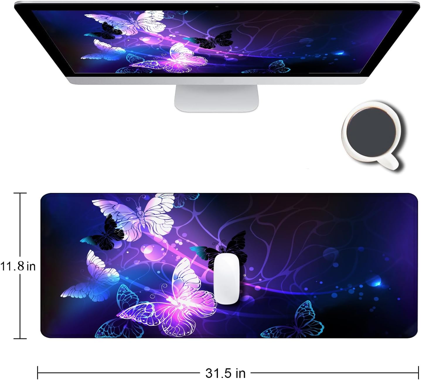 Gaming Mouse Pad, Large Mouse Pads for Women, Non-Slip Rubber Base Mousepad, Keyboard Mouse Mat, Desk Pad with Stitched Edges, 31.5x11.8inch, Purple Butterfly