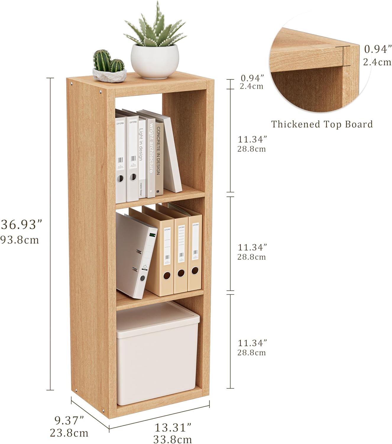 Cube Storage Organizer Bookcase, 3 Tier Decorative 11 inch Open Back Cubical Shelf with Thickened Border, Display Bookshelf for Living Room, Home Office, Sturdy Room (Natural Oak, 3 Cube)