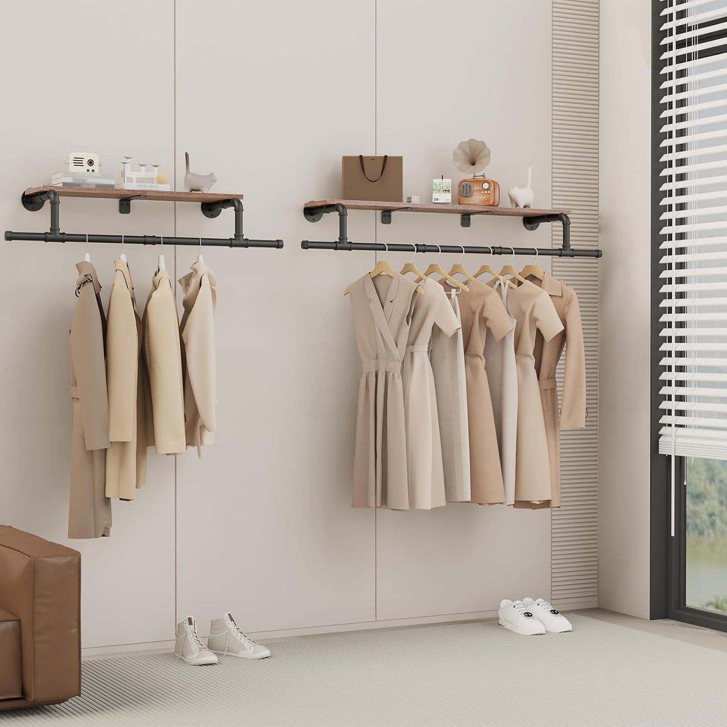 Wall Mounted Clothes Rack with Top Shelf, Space Saver Industrial Pipe Shelving, Heavy Duty Iron Closet Poles, Extension at Both Ends, 37.6×10.2×5.9 Inch, Black