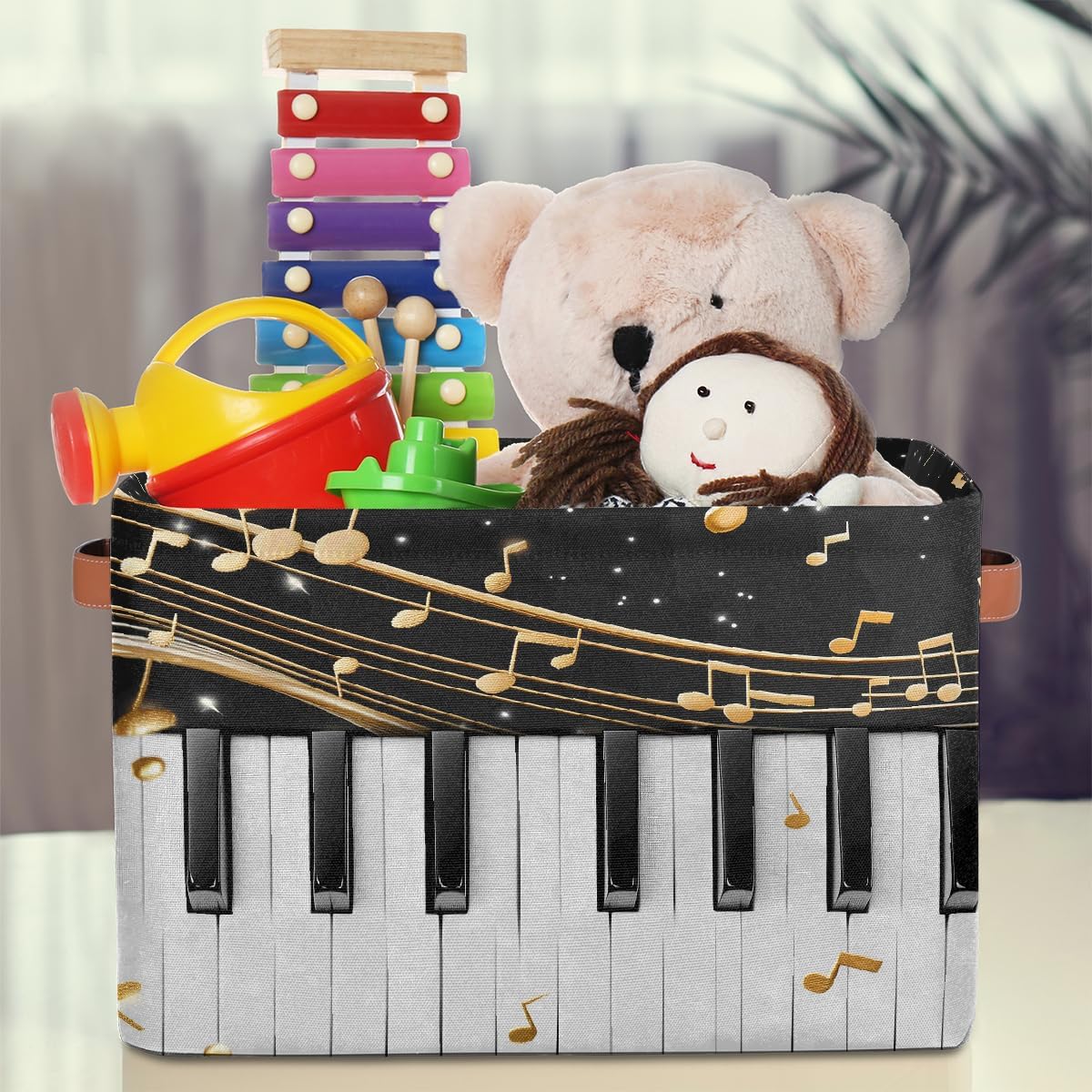 Music Notes Storage Basket for Shelves, Storage Bins with Handles, Collapsible Basket for Organizing, Closet Toy Baskets for Nursery Room, 15x11x9.5 in, Canvas, Musical Piano
