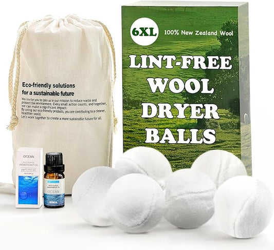 Wool Dryer Balls - Lint-Free - 6XL Pack - 1000+ Loads - Premium Natural Fabric Softener - Reduces Drying Time & Static - Includes Essential Oil - with Storage Bag