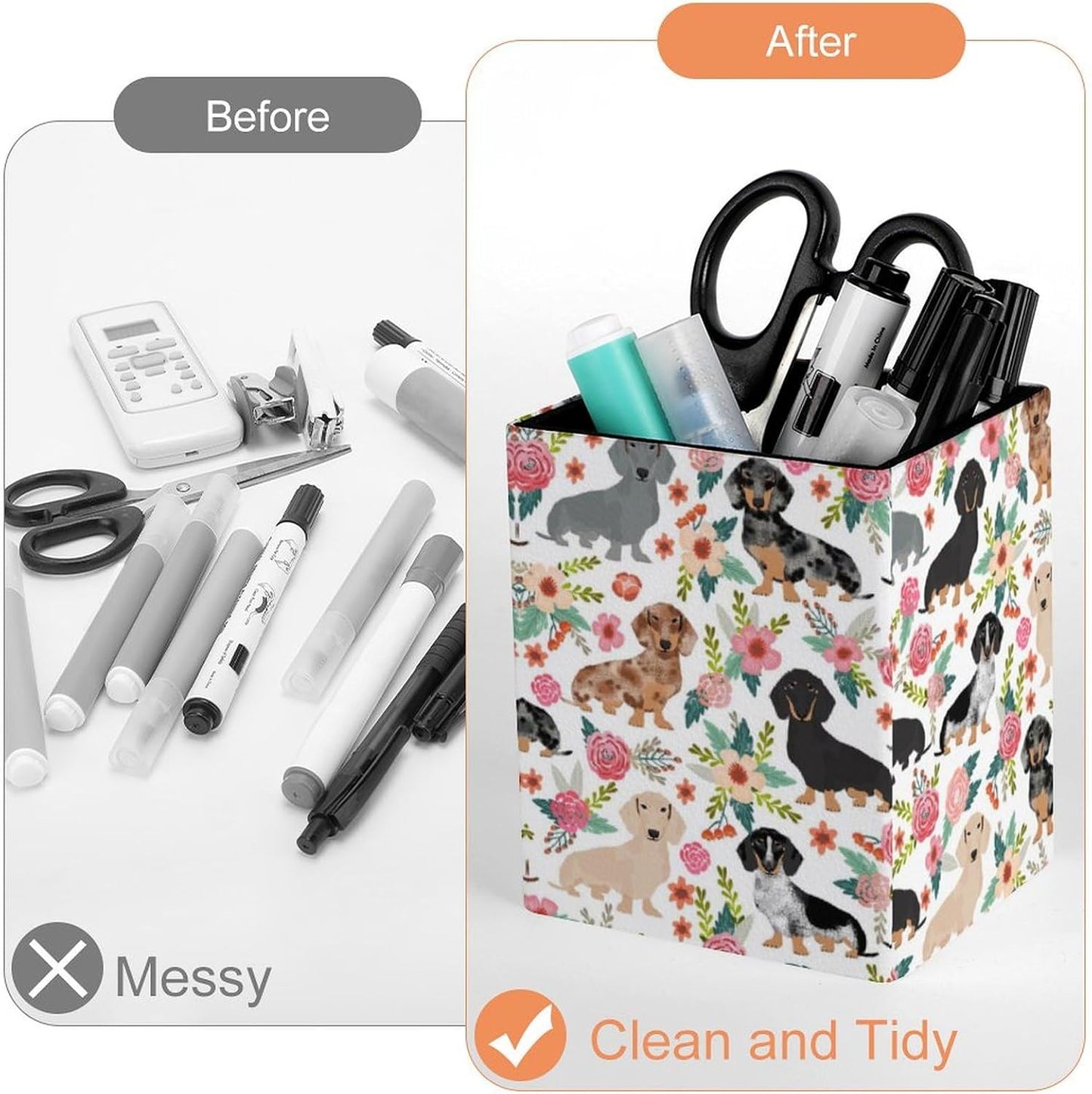 Square Pen Holder & Pencil Organizer for Desk - Office Storage Organizer, Markers/Makeup Brushes/Scissors Holder, Compact Desk Decor Accessories for Home Classroom School(Dachshund)