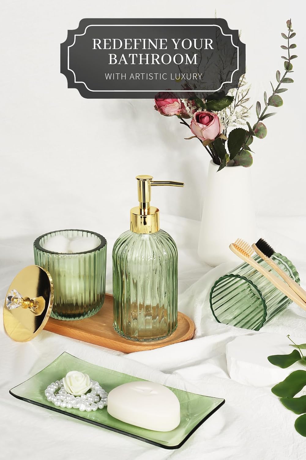 Designer Green Glass Bathroom Accessories Sets - 4 Pcs with Lotion Soap Dispenser, Bathroom Toothbrush Holder, Vanity Tray, and Apothecary Jar, Vintage Bathroom Decor, Gift Countertop Organizer