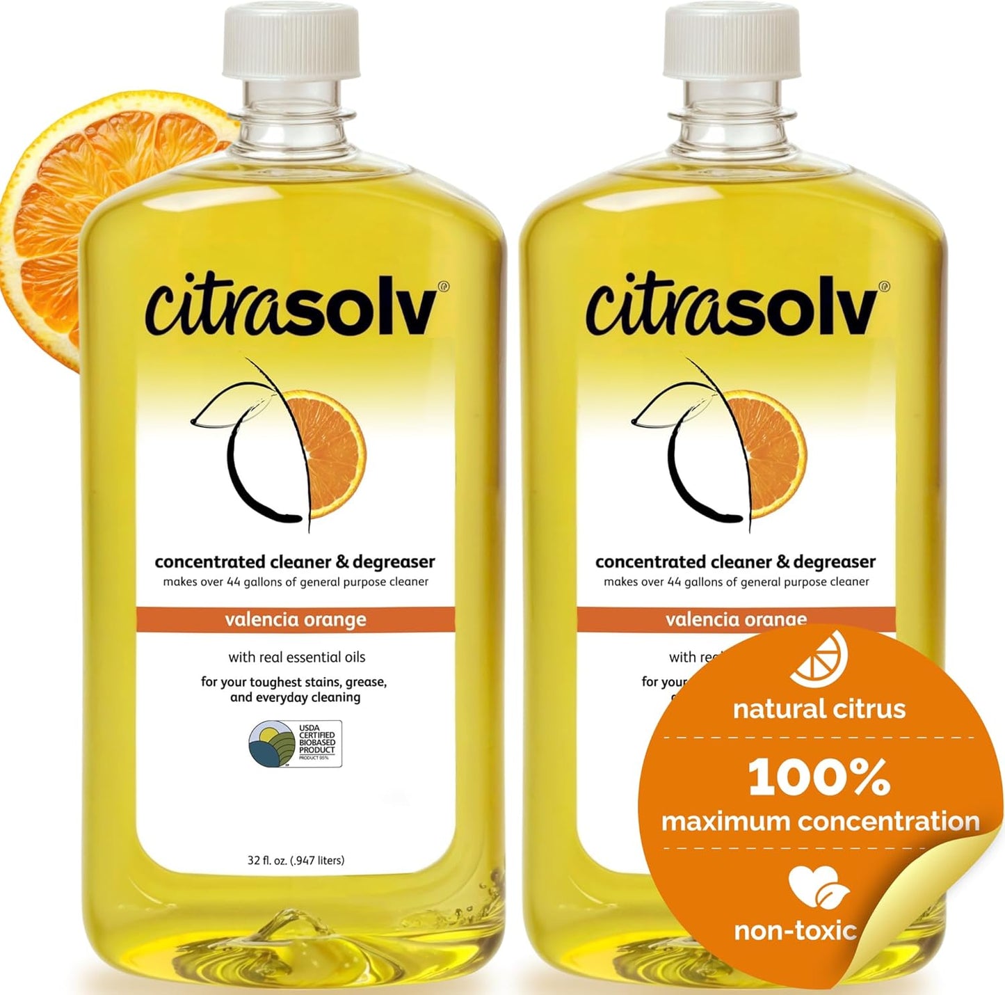 Citra Solv Concentrated Cleaner & Degreaser, Deodorizer, Paint & Adhesive Remover, for Home and Outdoor, Natural Orange Oil, Safe, Valencia Orange - 32 Fl Oz (2-Pack)
