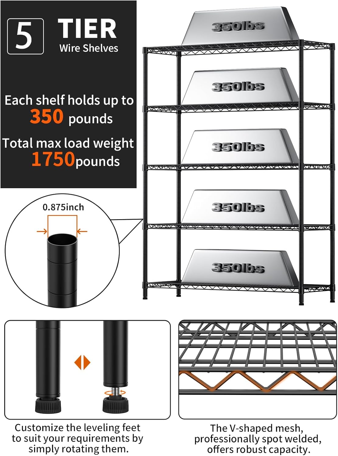 5 Tier Adjustable Storage Shelves Heavy Duty Metal Utility Shelf 1750LBS Capacity Wire Shelving Unit Organizer Rack for Home Kitchen Garage Pantry Room 18" D x 46" W x 77" H Black
