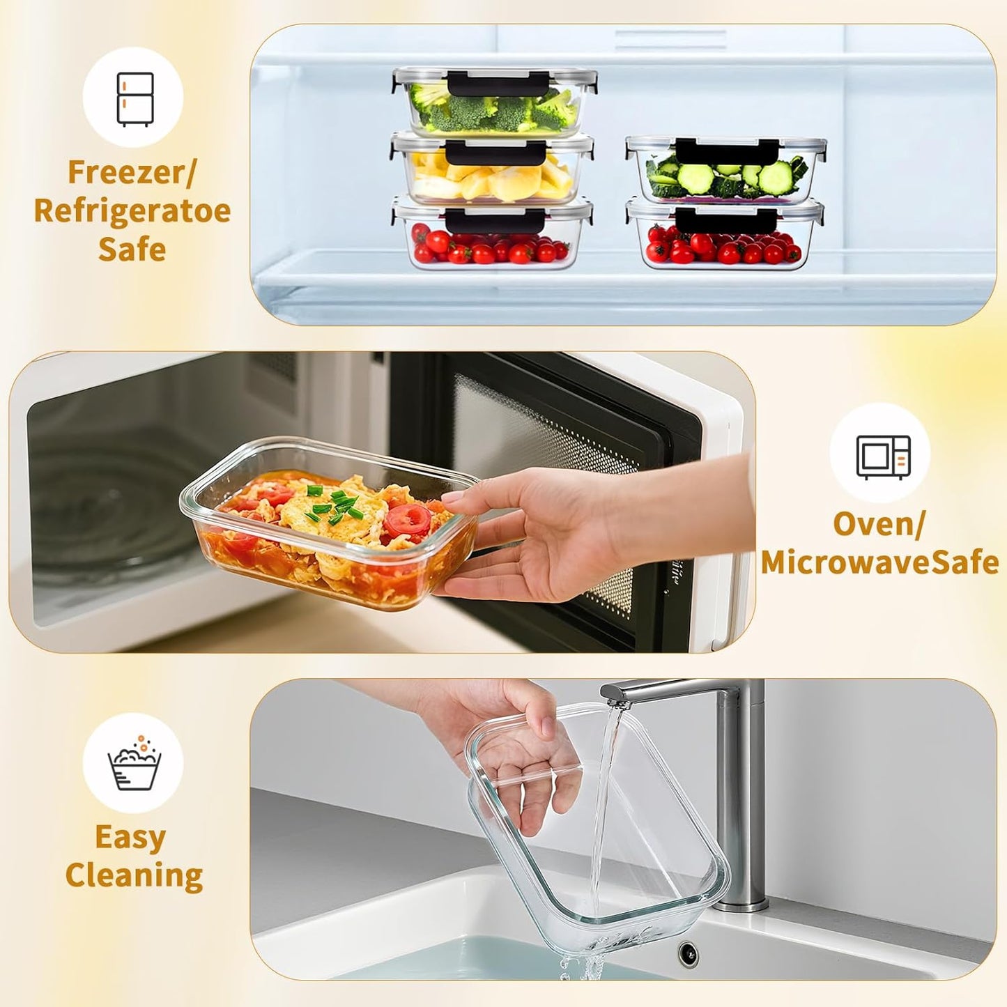 6 Pack 36 OZ Glass Food Storage Containers with Lids, Glass Meal Prep Containers set, Airtight Lunch Containers with Lids, Microwave, Oven, Freezer and Dishwasher Safe