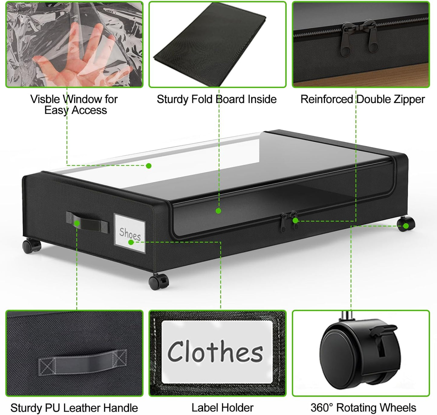 Under Bed Storage with Wheels, 4-Pack Underbed Storage Containers with Clear Lids, Under Bed Shoe Storage Organizer, Rolling Under Bed Storage for Clothes Shoes Blankets (Black)