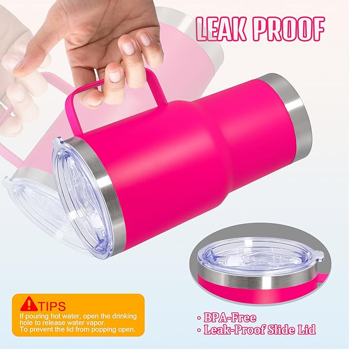 20 oz Tumbler with Handle and Lid, Stainless Steel Tumbler Insulated Travel Coffee Mug, Spill Proof Double Wall Vacuum Tumbler Cup Keep Drink Hot & Cold, Hot Pink, 12 Pack