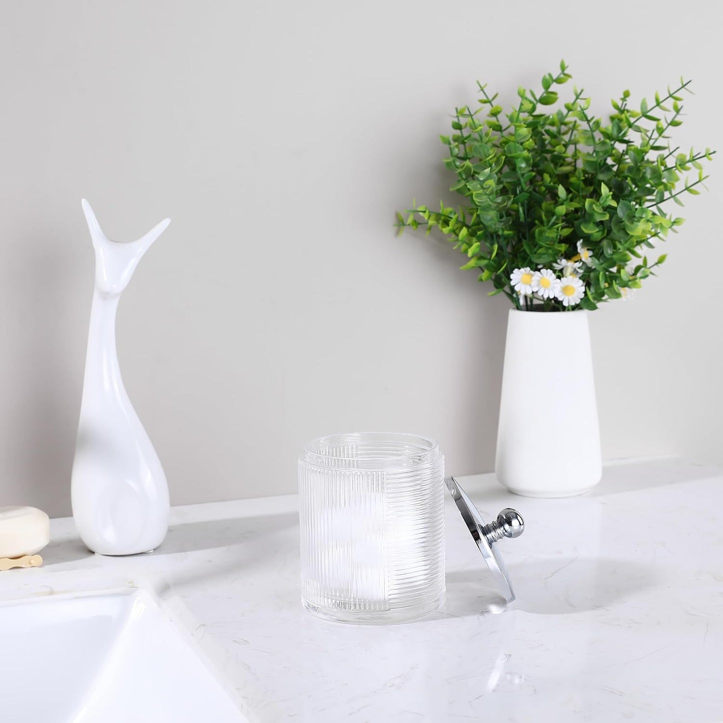 Clear Transparent Apothecary Ribbed Geometric Etched Glass Jar W/Silver/Chrome Metal Lid Cover for Bathroom Organization, Cotton Balls, Q Tips, and Small Accessories, Bathroom Storage