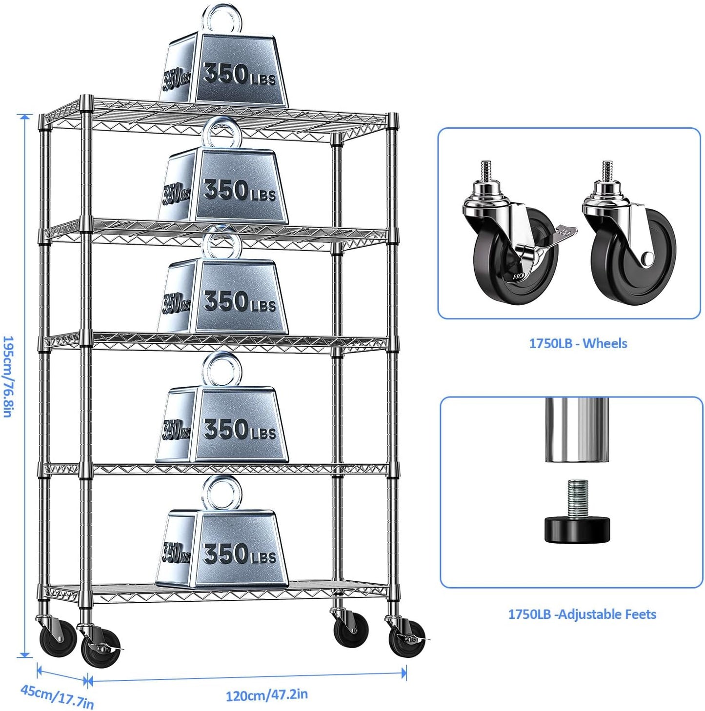 IZEUK 5-Tier Storage Shelving Unit with Wheels, Adjustable Heavy Duty Steel Wire Rack Organizer (Chrome, 17.7" D x 47.2" W x 76.7" H, 1750 lbs Capacity) for Garage, Kitchen, Pantry, Laundry