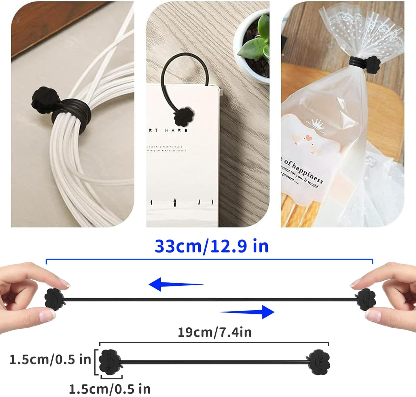 SOOOEC Black Magnetic Cable Ties, 20 Pack 7.2" Magnetic Cord Ties Cute Cloud Design, Silicone Magnetic Ties for Cord Organizer, Black Color.