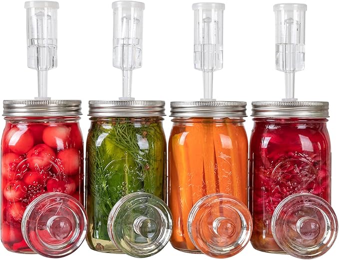 JILLMO Fermentation Kit for Wide Mouth Mason Jars – 4 Pack Fermentation Lids with Airlocks and Glass Weights, Easy Fermenting Set (Jars Not Included)
