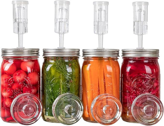 JILLMO Fermentation Kit for Wide Mouth Mason Jars – 4 Pack Fermentation Lids with Airlocks and Glass Weights, Easy Fermenting Set (Jars Not Included)