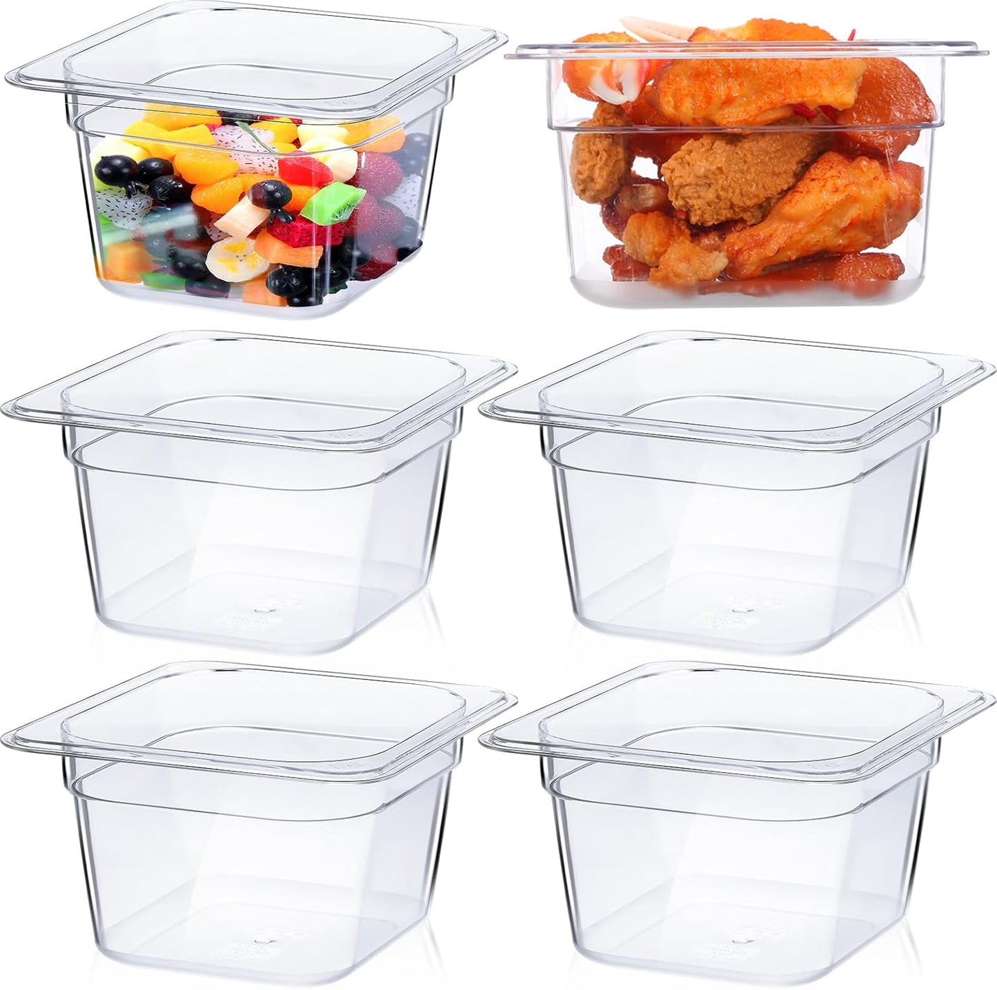 Yinder 6 Pcs Plastic Clear Food Pans 1/6 Size Stackable Polycarbonate Food Containers with Capacity Indicator Restaurant Commercial Hotel Pan for Fruits Vegetables Beans Corns (4'' Deep)