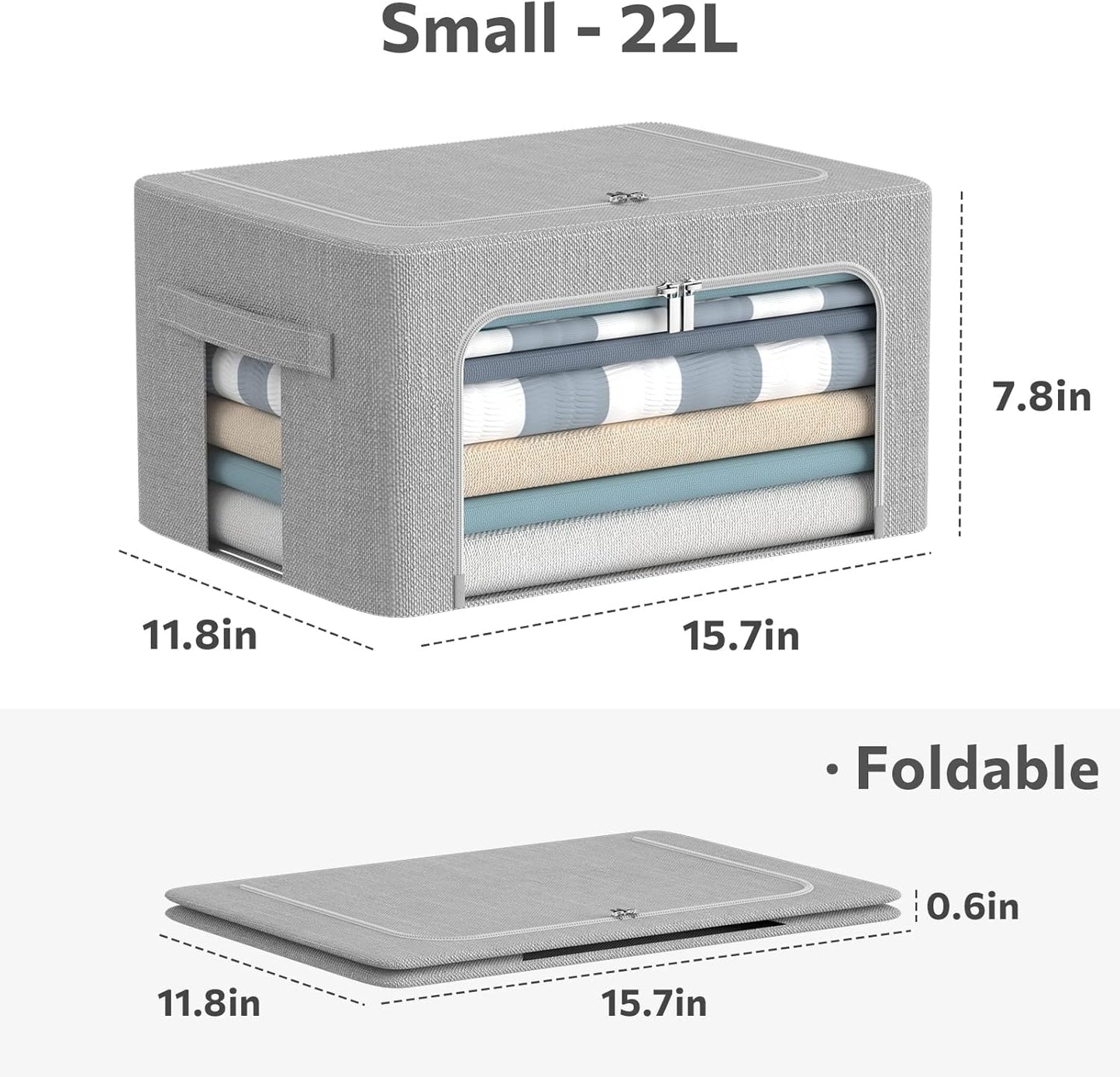 3Pack Foldable Storage Bins - Frame Storage Box Linen Fabric Stackable Clothes Container Organizer with Clear Window & Carry Handles Large Capacity (Small-22L, Light Grey)