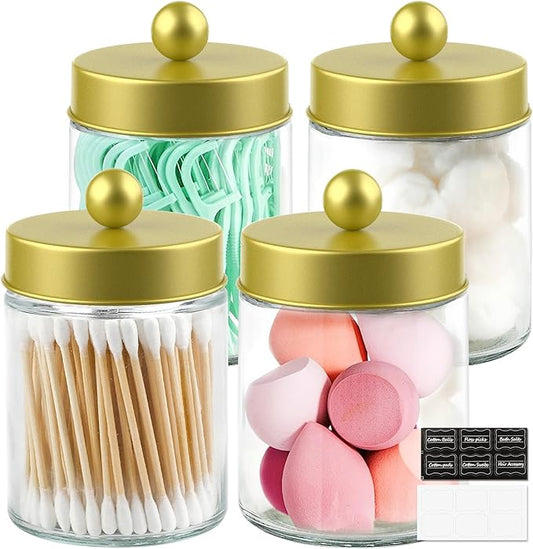 4 Pack Glass Apothecary Jars with Lids for Bathroom, Cute Qtip Holder, Gold Bathroom Accessories Set, Small Bathroom Canisters with Lids for Q-Tips, Cotton Swabs, Gold Bathhouses Decor