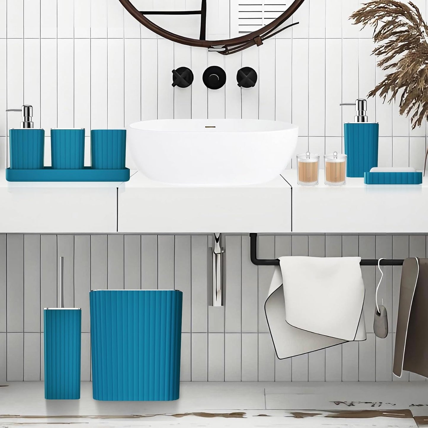 Bathroom Accessories Set - Gorgeous Bathroom Set, 10PC Teal Bathroom Accessory Set, Toilet Brush, Trash Can, Qtip Holder Dispenser & Soap Dispenser