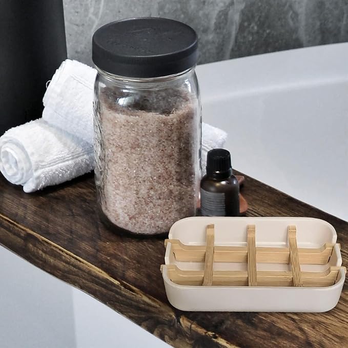 Aoheuo Modern Bamboo Fiber soap Holder and soap Dish Combination (Removable), Off White, 5.12 Long by 3 Wide, 0.98 inches high, Used in Kitchens, bathrooms, and bar Sinks