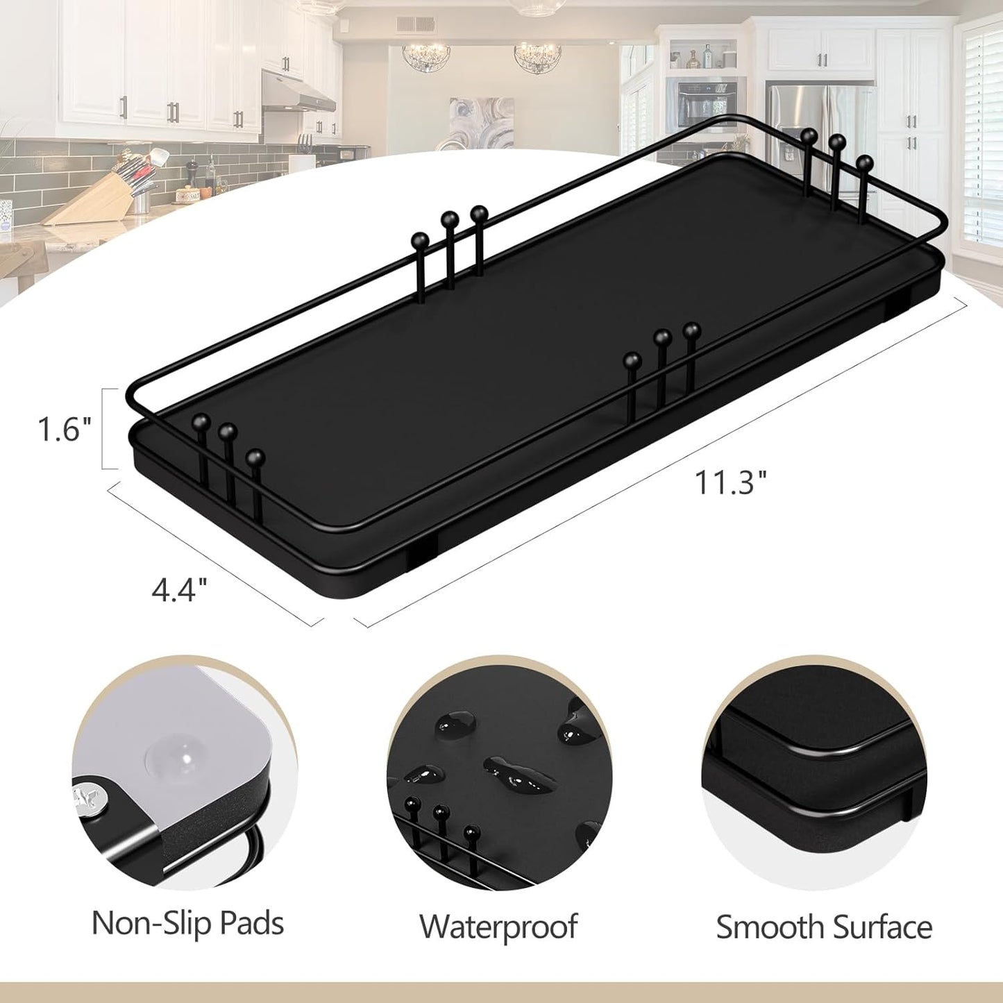 Bathroom Vanity Tray for Countertop Toiletries Perfume Makeup Soap Dispenser Toilet Tank, Kitchen Tray for Salt Spice, Black Decor Tray for Candle Nightstand Coffee 11.3”x 4.4”