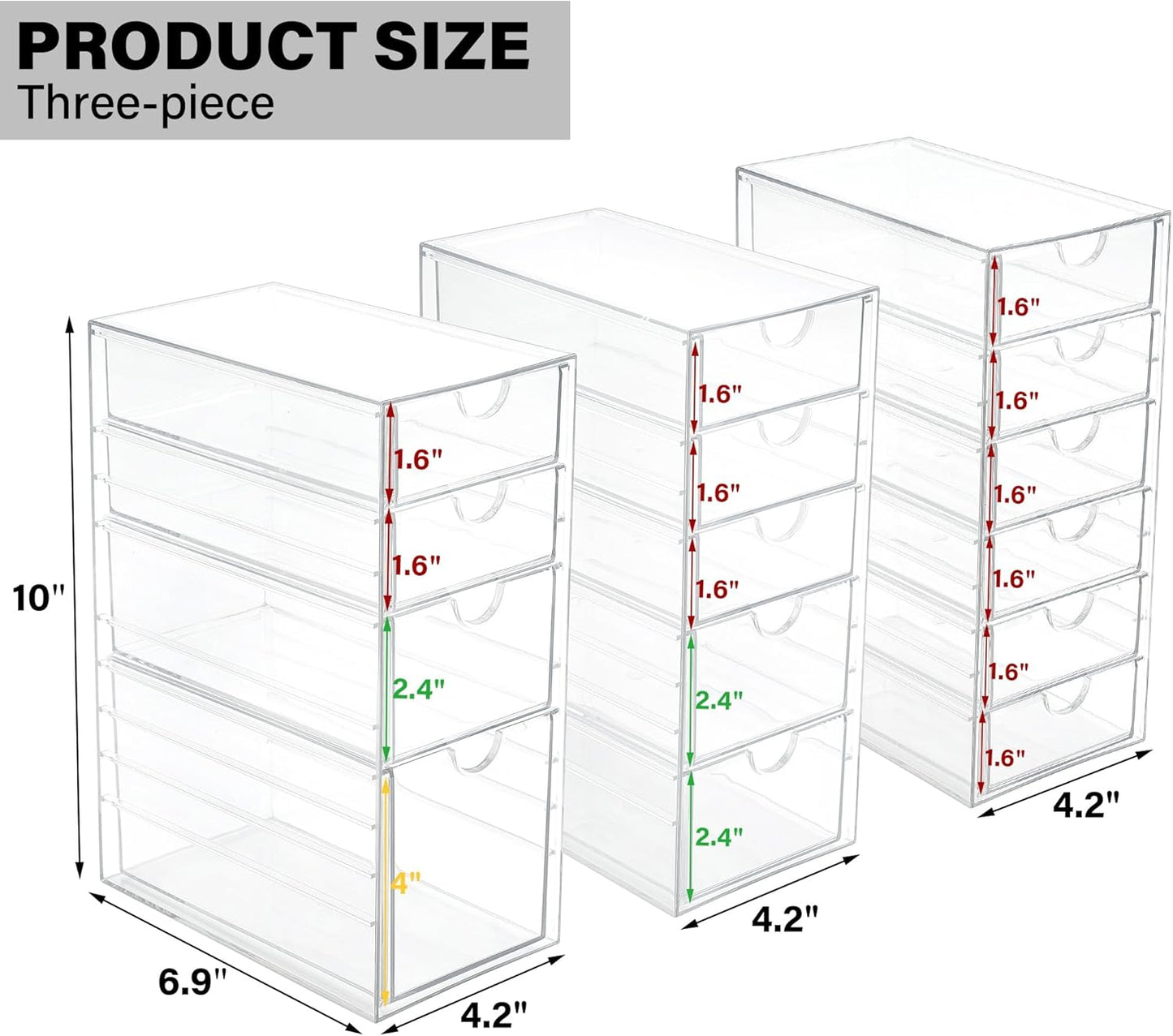 Prsildan Acrylic Drawer Organizer with 15 Drawers, Makeup Craft Office Desk Organizers Accessories, Set of 3 Clear Stackable Storage Drawers for Vanity, Countertop, Jewelry, Art Supply Organization