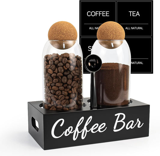 Coffee Container Set of 2 – 34oz Airtight Glass Coffee Bean Storage Jars with Wooden Lids, Metal Scoop & Wooden Base, Coffee Bar Organizer for Countertop, Tea & Sugar Canisters with Labels