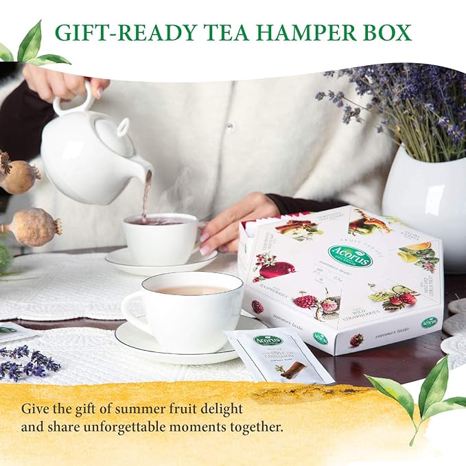 ACORUS Summer Taste Tea Set - Natural Assorted Tea Hamper Box Gift Set, Large Selection Box 60 Teas Bags, 6 Fruit and Berry Flavour Sampler, Perfect for Refreshing Iced Drinks