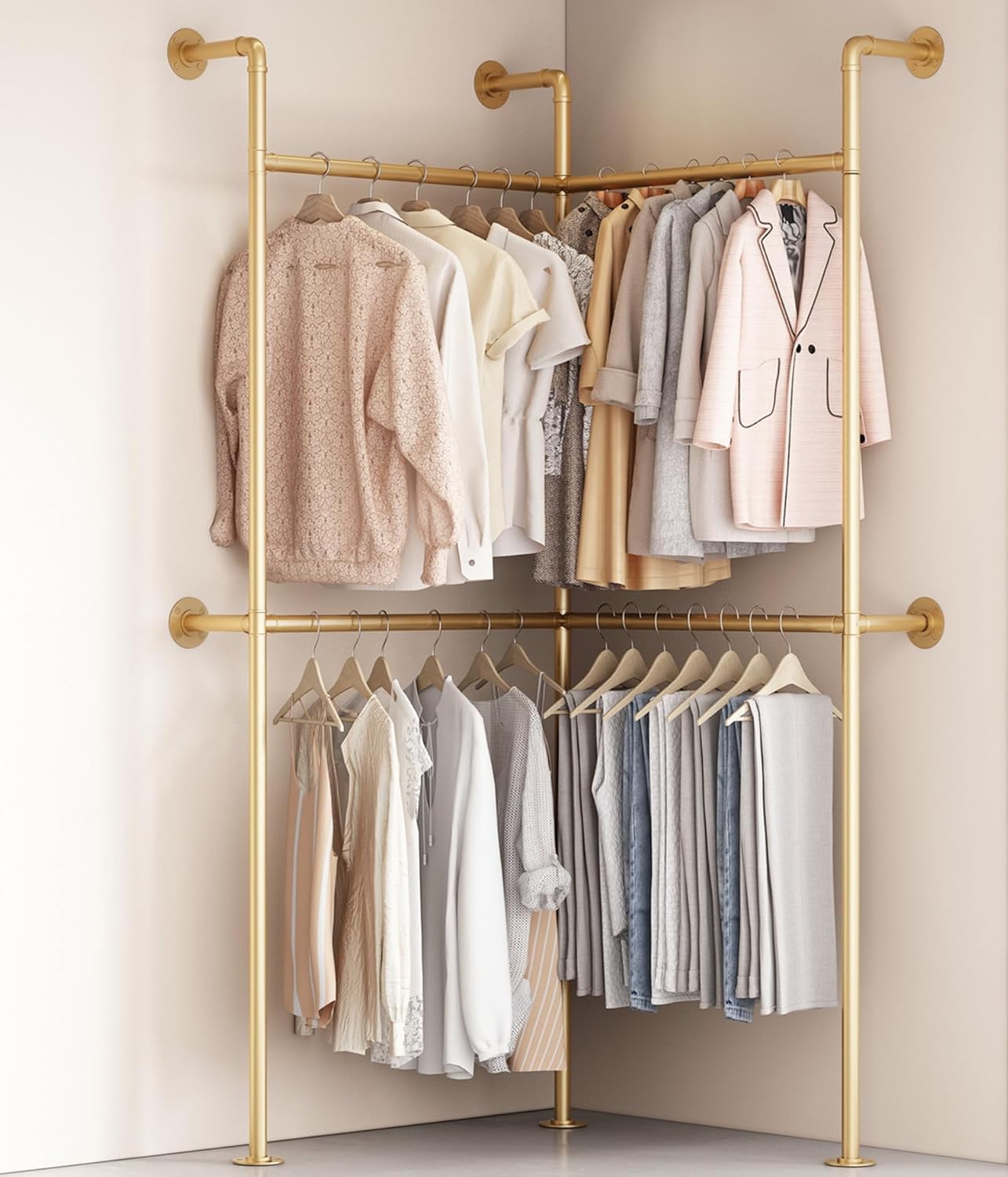 Industrial Pipe Gold Clothing Racks Wall Mounted, Rustic Gold Industrial Pipe Clothes Rack Design - Stylish & Heavy Duty Corner Garment Racks, Perfect for Home or Retail Display