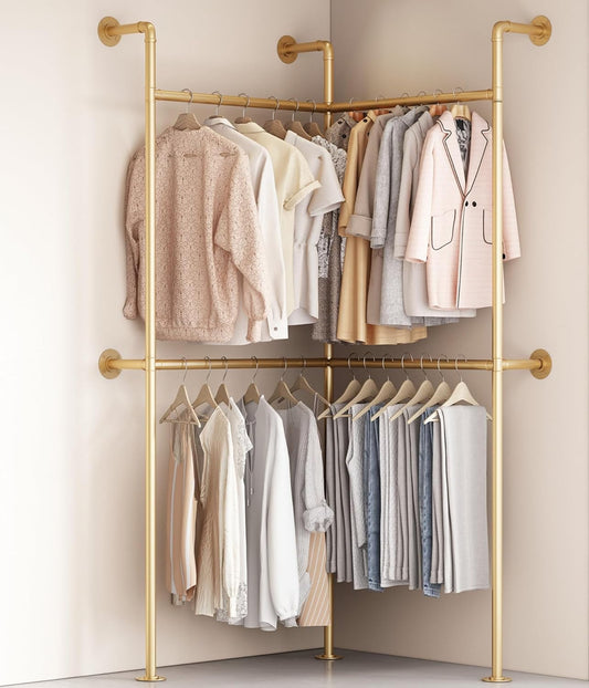 Industrial Pipe Gold Clothing Racks Wall Mounted, Rustic Gold Industrial Pipe Clothes Rack Design - Stylish & Heavy Duty Corner Garment Racks, Perfect for Home or Retail Display