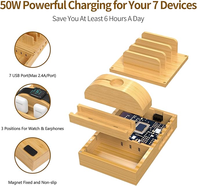 Bamboo Charging Station for Multiple Devices,15W Fast Wireless Charger Night Light with 3 Color & 4 Adjustable Brightness,Night Stand Charger Station Compatible with Phone/Watch/Air-Pods with Adapter