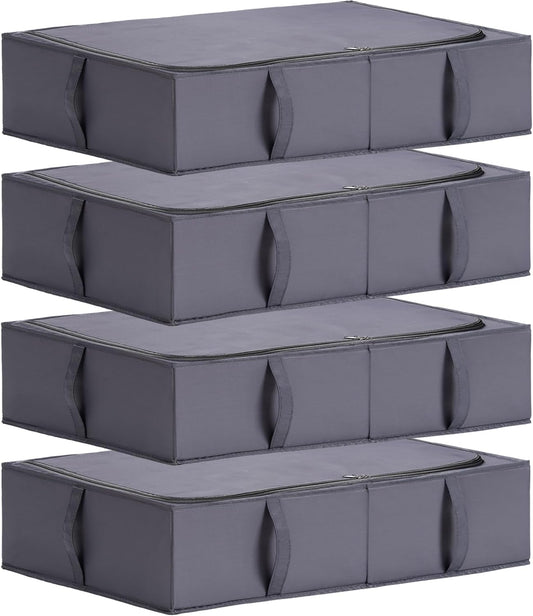 TYEERS Under Bed Storage Containers, Durable Fabric, Washable, Collapsible, Under Bed Storage Bins for Clothes, Blankets, Sheets, Shoes, 27.5x16.5x7 Inches, 4-Pack, Dark Grey
