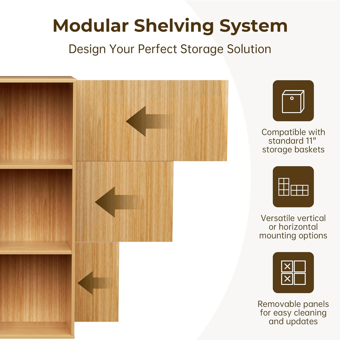 Cube Storage Organizer with Back Panel, 11" x 11" Cubby Shelf, Bookshelf for Home Office, Living Room, Bedroom (Natural, 9-Cube)