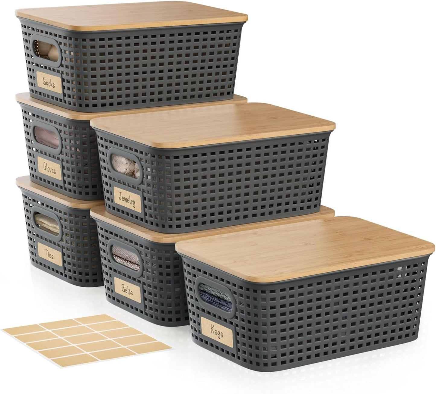 Plastic Storage Bins with Bamboo Lid - Plastic Storage Baskets with Lid - Stackable Container with Lable for Organizing: Small Storage Box for Shelves Office Cabinet Drawer ,10x7.2x4 In - Grey 6 Pcs