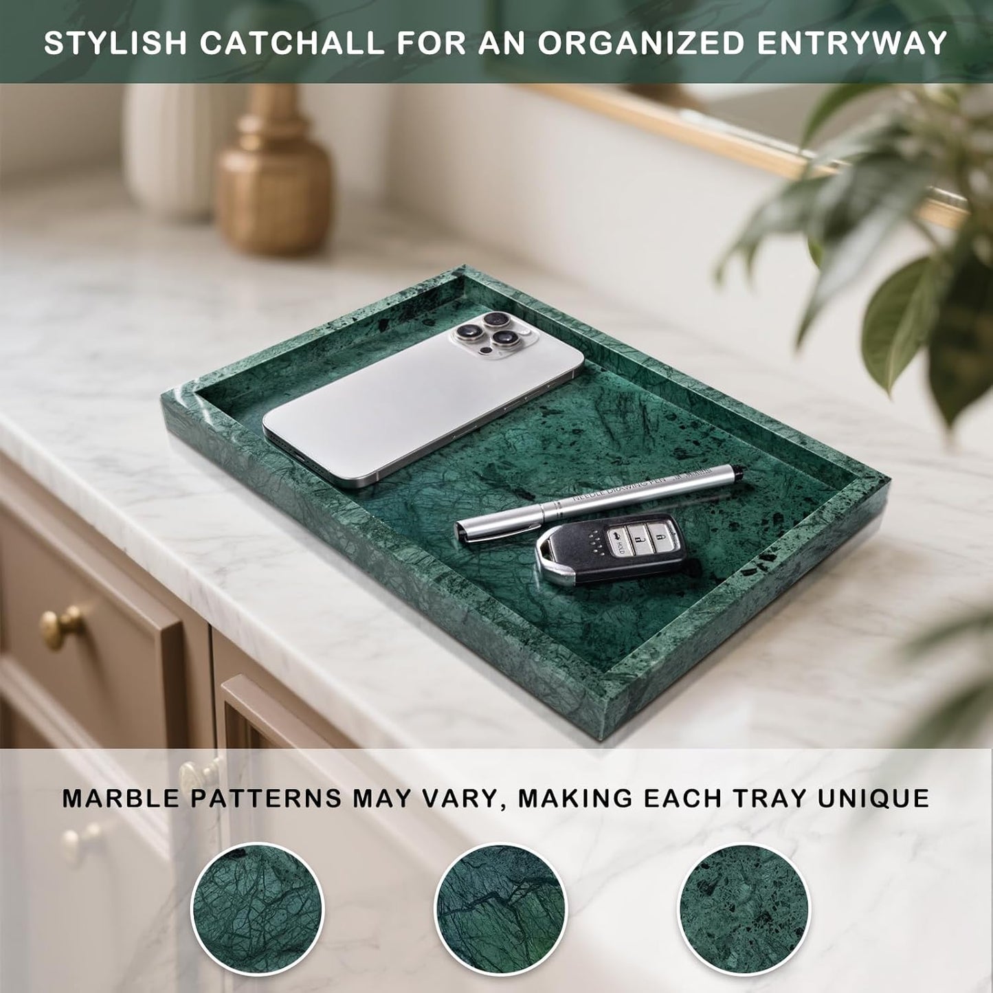 Marble Bathroom Tray for Countertop & Home Decor, Natural Decorative Marble Tray for Jewelry & Perfume Organizer, Luxury Stone Vanity Trays for Dresser, Kitchen Counter, 12" x 8", Green