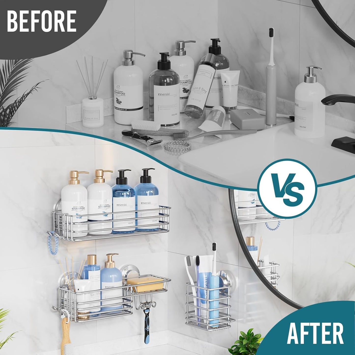 TAILI Shower Caddy Suction Cup, 3 Pack Shelves for Inside with Hooks & Soap holder Toothbrush Cups, Removable Bathroom Organizer, Rustproof Silver Holder Storage-Silver