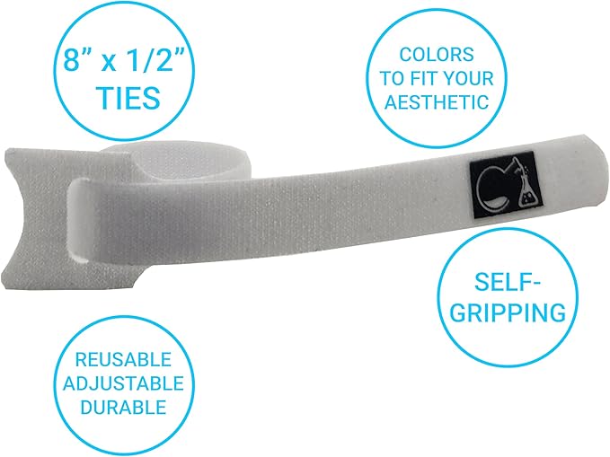 CableLock Cable Ties - 50 Pack - 8 Inch Reusable Cord Organizers - Clean Cable Management for Gaming and Home Office (White)