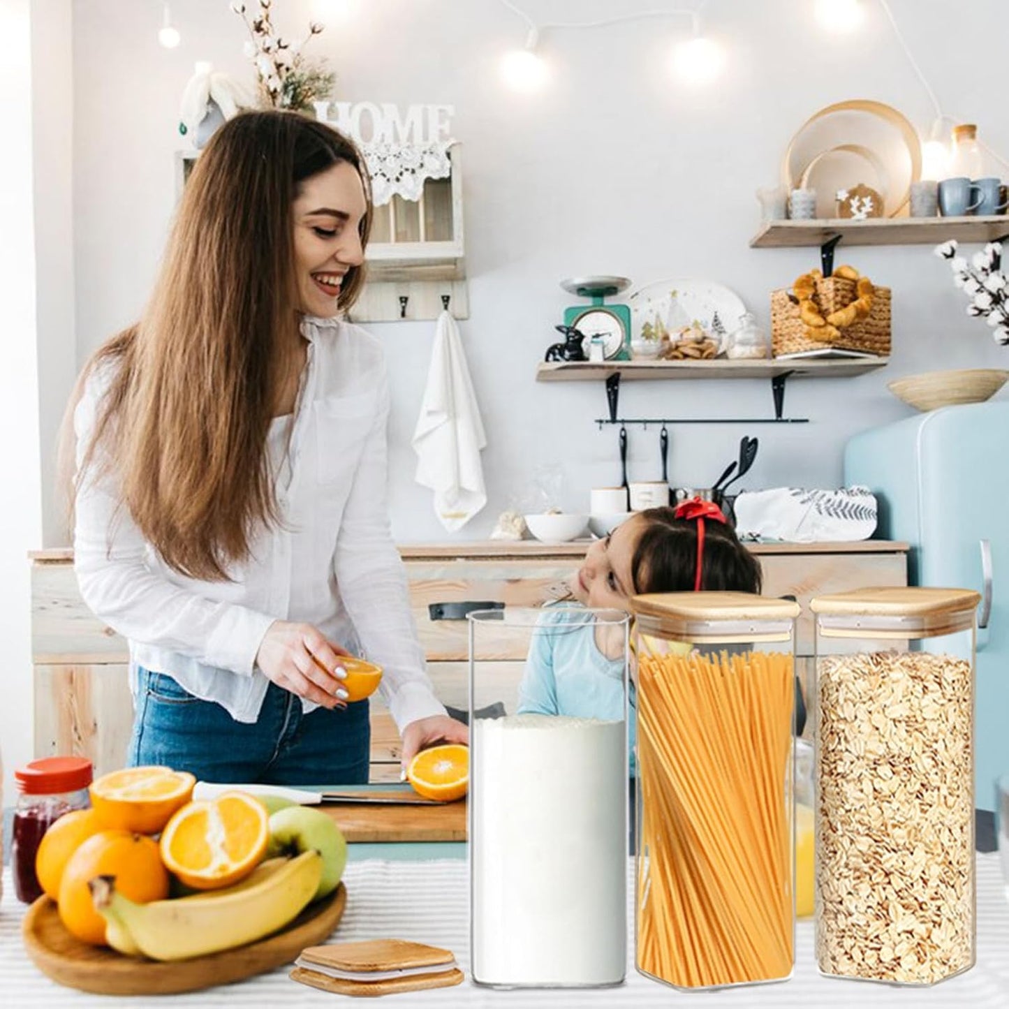 2.2 Qt Square Glass Storage Containers with Lids, Clear Food Storage Container Jar with Sealing Bamboo Lid Storage Containers for Pasta, Oats, Coffee, Flour, Sugar (Square -3Pack)